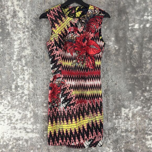 French Connection Sz 6 Floral Abstract Print Bodycon Mini Dress Stretch Artsy NW - Picture 1 of 9